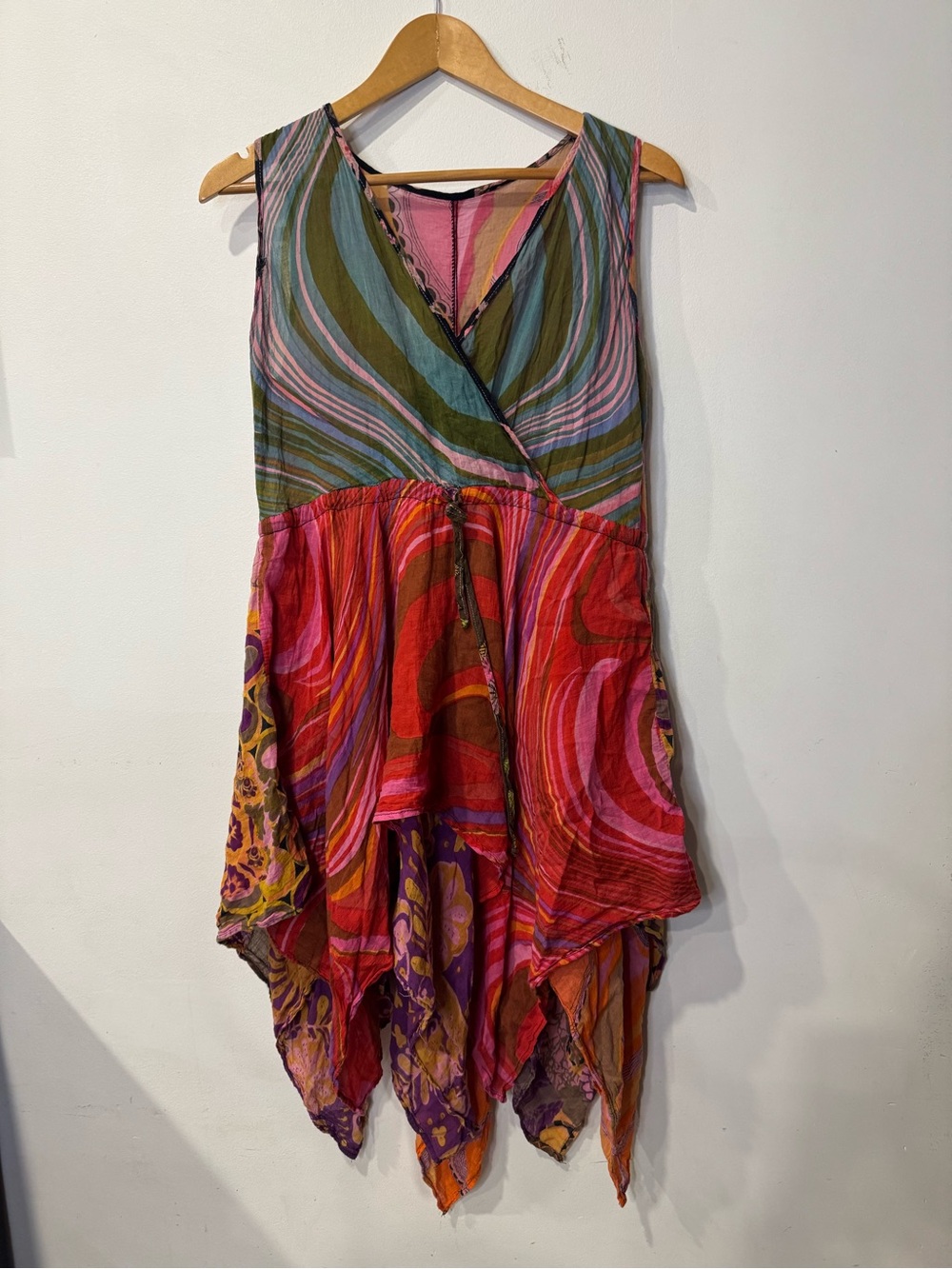 Boho Festival Dress Women S M Colorful Abstract Print Layered Handkerchief Hem